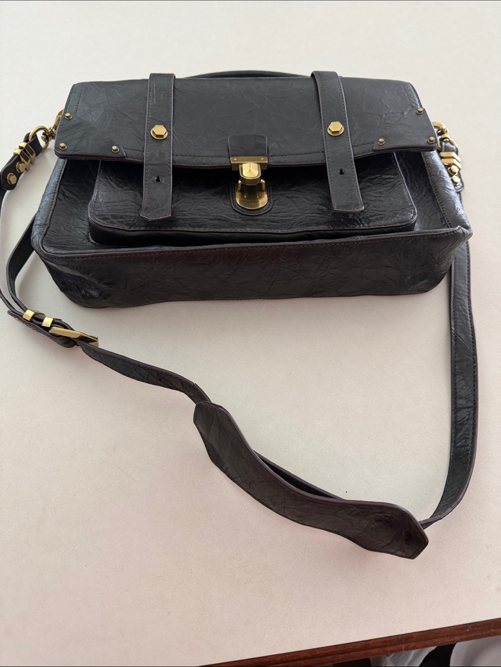 Tory Burch Black Leather Crossbody Satchel with Gold Hardware